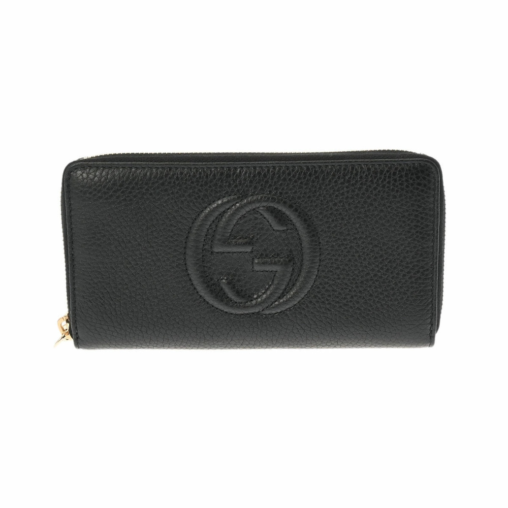 GUCCI Leather Long Wallet Round Zipper Interlocking GG Black